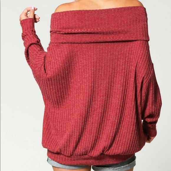 Red Off the Shoulder Sweater - Picture 2 of 5
